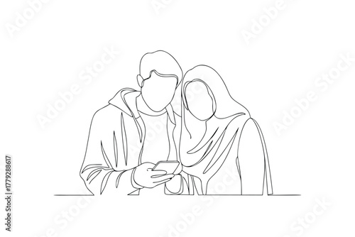 Couple looking at a smartphone in a line drawing relationship