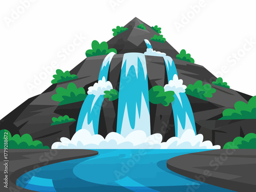 This captivating illustration showcases waterfalls cascading down a mountain surrounded by lush greenery, evoking nature's beauty and tranquility in a vibrant landscape.