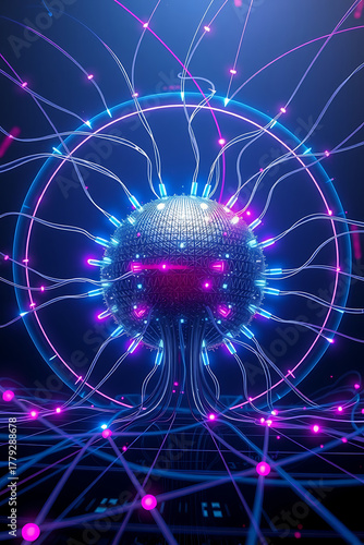 A glowing sphere with interconnected lines and nodes, representing a digital network.