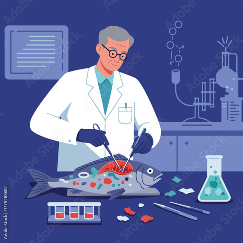 A scientist in a lab coat dissects a fish with surgical tools. Laboratory equipment surrounds the fish