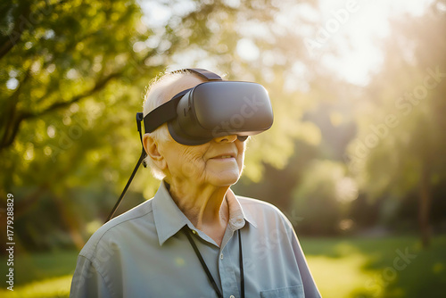 Smiling senior man experiencing virtual reality outdoors, highlighting technology adoption and engaging with futuristic digital worlds.
