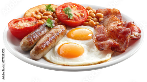 A delicious cooked English breakfast served on a plate showcasing traditional meal with eggs bacon and sausage on white background