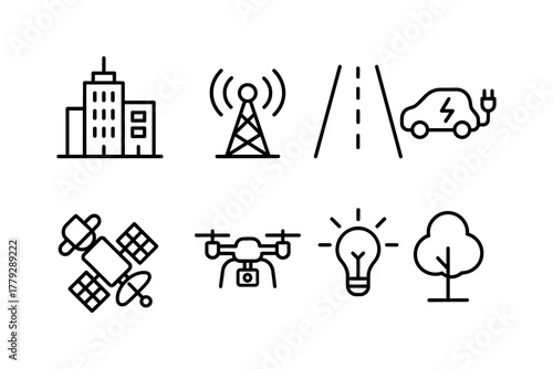 Smart city icons: connectivity, transportation, renewable energy, and innovation