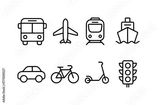 Simple outline icons of various transportation modes for design projects