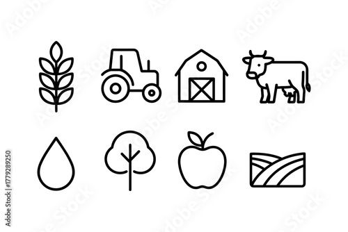 Minimalist farm icons: agriculture line art featuring barn, tractor, cow, crop, and more