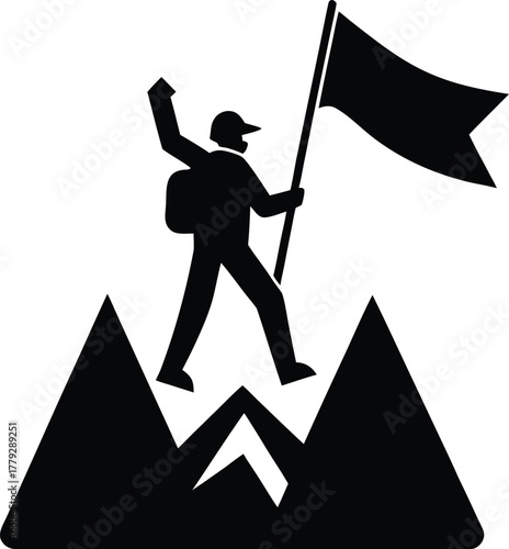 Man climbing mountain to plant victory flag at summit