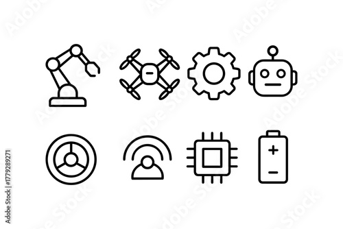 Minimalist technology icons: robotics, drone, ai, and electronics set