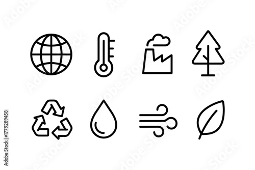 Minimalist environmental icons: sustainability, nature, and climate awareness symbols