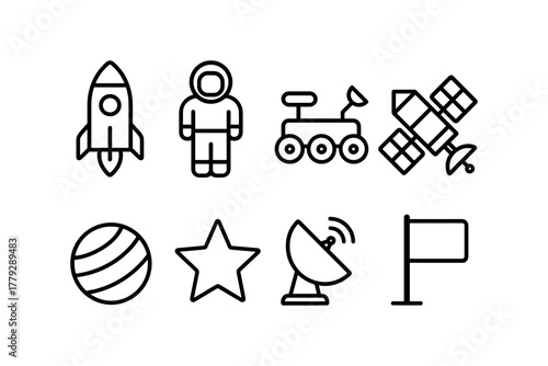 Space icons set: rocket, astronaut, satellite, mars rover, and cosmic symbols