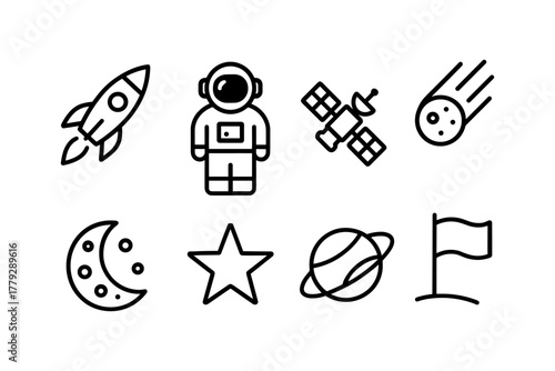 Space icons set: rocket, astronaut, satellite, comet, moon, star, planet, flag in simple line art