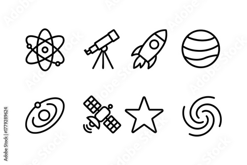 Space exploration icons: telescope, rocket, atom, planet, satellite, galaxy in line art style
