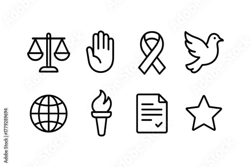 Set of linear icons representing justice, peace, health, and communication concepts