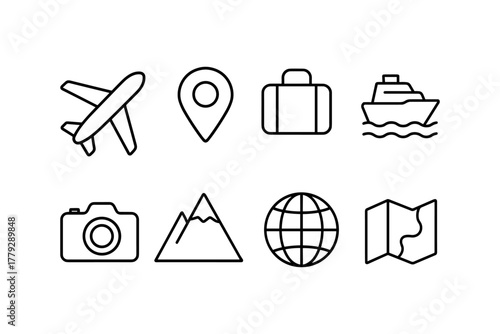 Travel icons collection: linear symbols for adventure and exploration