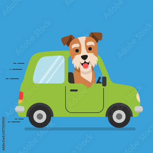 A cheerful dog drives a green cartoon car, with motion lines indicating speed, against a blue background