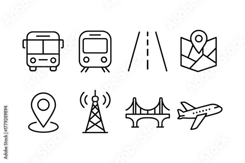 Minimalist transport and travel icons featuring transport modes and navigation symbols