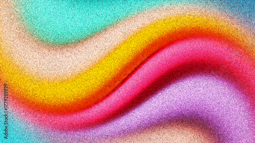 Soft grainy colorful gradient in warm creamy colors with fluid wave created from thousands of individual dots. Gentle dreamy wavy gradient in bright candy tones for creative digital artworks. Vector