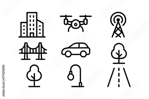 Linear urban elements: buildings, technology, nature, and infrastructure icons