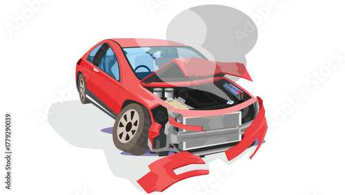 Vehicle damage of sports coupe red car. Severe front bumper damage. Broken and scattered. Front hood opens with a curve. Airbag deployed and oil and steam leaked out. Isolated white background.