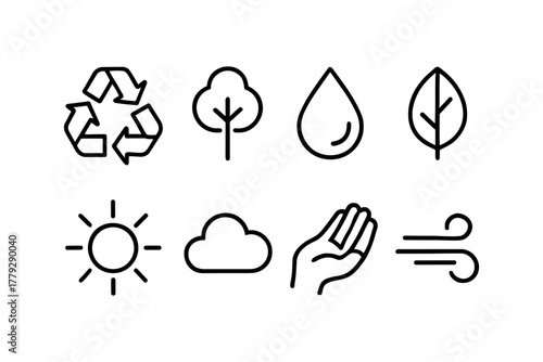 Eco-friendly linear icons: recycle, nature, and renewable energy symbols for sustainability