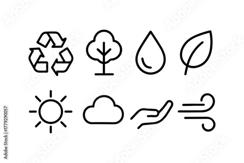 Eco-friendly icons set featuring nature and sustainability symbols in linear style