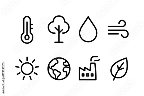 Minimalist black line icons representing climate and environmental elements