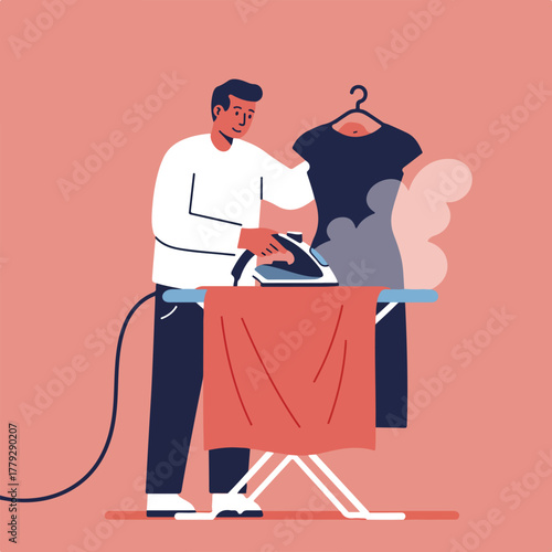 A person irons clothes on an ironing board; a black shirt hangs nearby. Steam rises. The illustration is flat