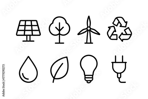 Eco-friendly icons: solar, tree, wind, recycling, water, leaf, bulb, plug in linear style