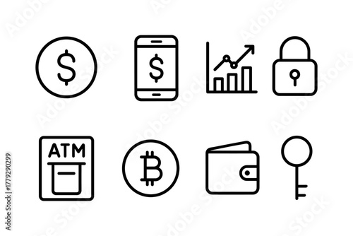 Minimal line art financial icons for digital transactions and security