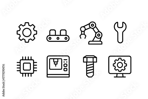 Industrial equipment icons set featuring linear machinery and tools