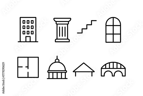 Minimalist linear architecture icons set: buildings, columns, stairs, and more