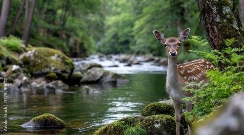 Fototapeta Naklejka Na Ścianę i Meble -  a deer standing by the river in an ancient forest, surrounded by moss-covered rocks and tall trees