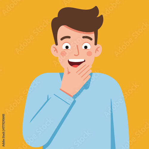 A cartoon illustration of a surprised man holding his hand near his chin, wearing a light blue top