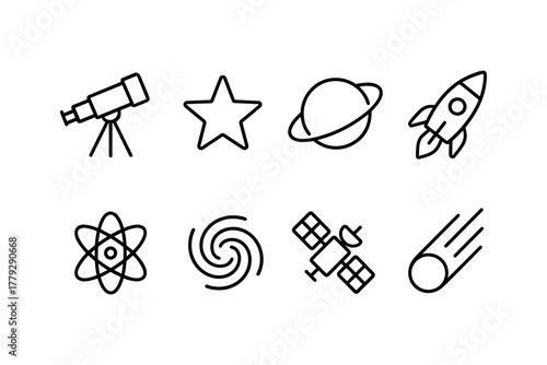 Space exploration icons: telescope, rocket, planet, atom, satellite, star