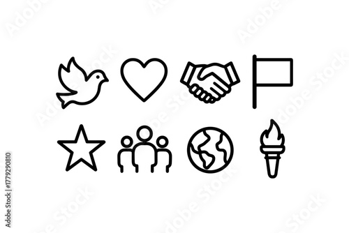 Minimalist icons of peace, unity, and global harmony in linear style