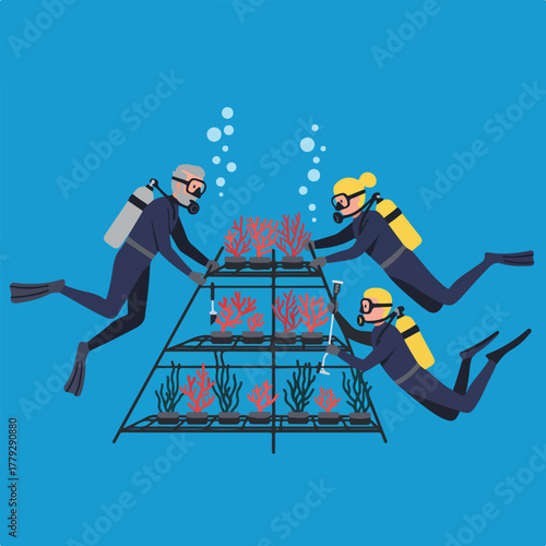 Divers tend to coral in underwater farm. Three people with gear work on coral cultivation structure in blue water
