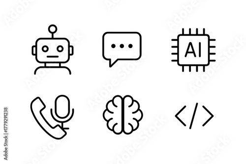 Minimalist technology icons: ai, chat, robot, code, voice recognition