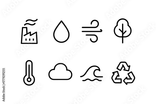Minimalist environmental icons set featuring nature and pollution symbols