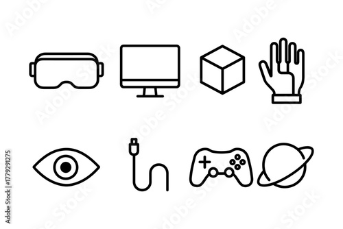Minimalist technology icons representing vr, gaming, and digital tools