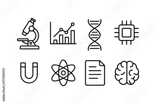 Science and technology icons set featuring microscopy, data, dna, and brain symbols in line art