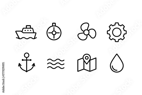 Nautical line icons set featuring ship, compass, gear, anchor, and map