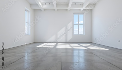 Empty Minimalist Interior Space With Natural Light Streaming Through Windows and Creating Shadows