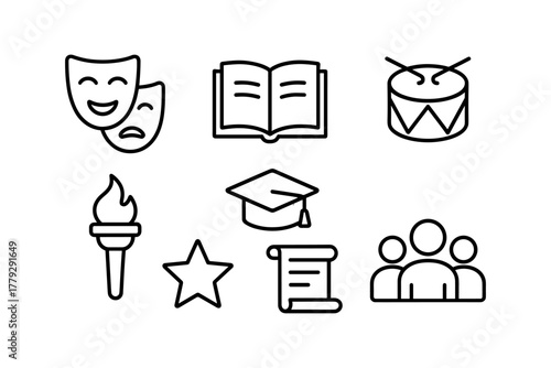 Education and arts icon set featuring theater, books, and music elements