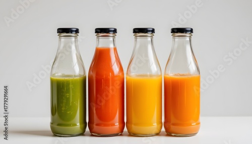 Variety of Fresh Fruit and Vegetable Juices in Glass Bottles on a Light Background