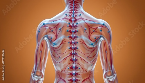 Detailed Anatomical Illustration of Human Spine and Nervous System with Circulatory Features
