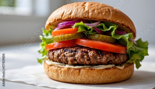 Freshly Made Hamburger with Lettuce Tomato Pickles and Onion on a Light Background