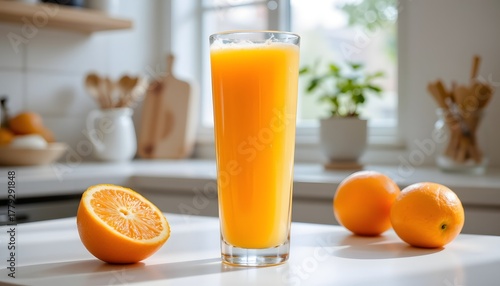 Freshly Squeezed Orange Juice in a Tall Glass with Whole Oranges on a Bright Kitchen Table