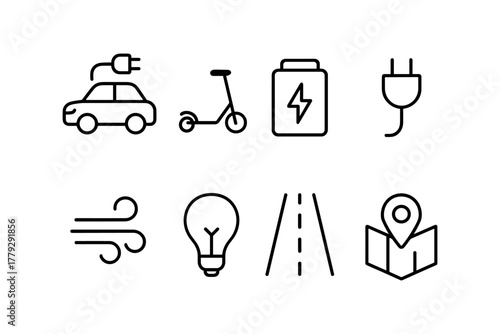 Linear icons of sustainable transportation and energy solutions