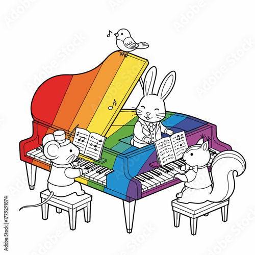 Whimsical animals joyfully play a rainbow grand piano creating vibrant melodies and a cheerful artistic atmosphere for creative projects.