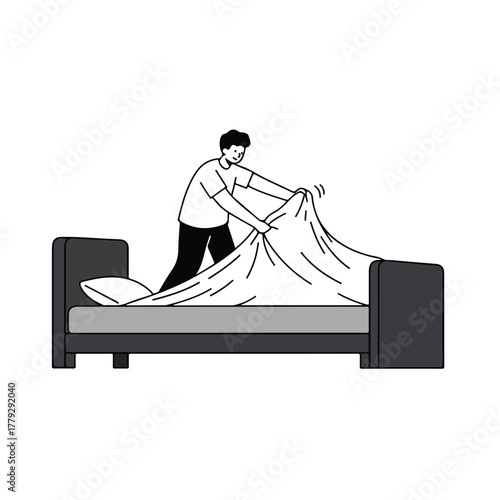 A person covers a bed with a sheet in a minimalist, black-and-white illustration. A pillow rests