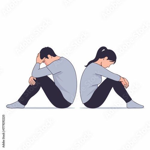 Depressed couple sitting back to back shows relationship problem, highlighting sadness and isolation. Depressed couple is dealing with difficult emotions and feeling disconnected.